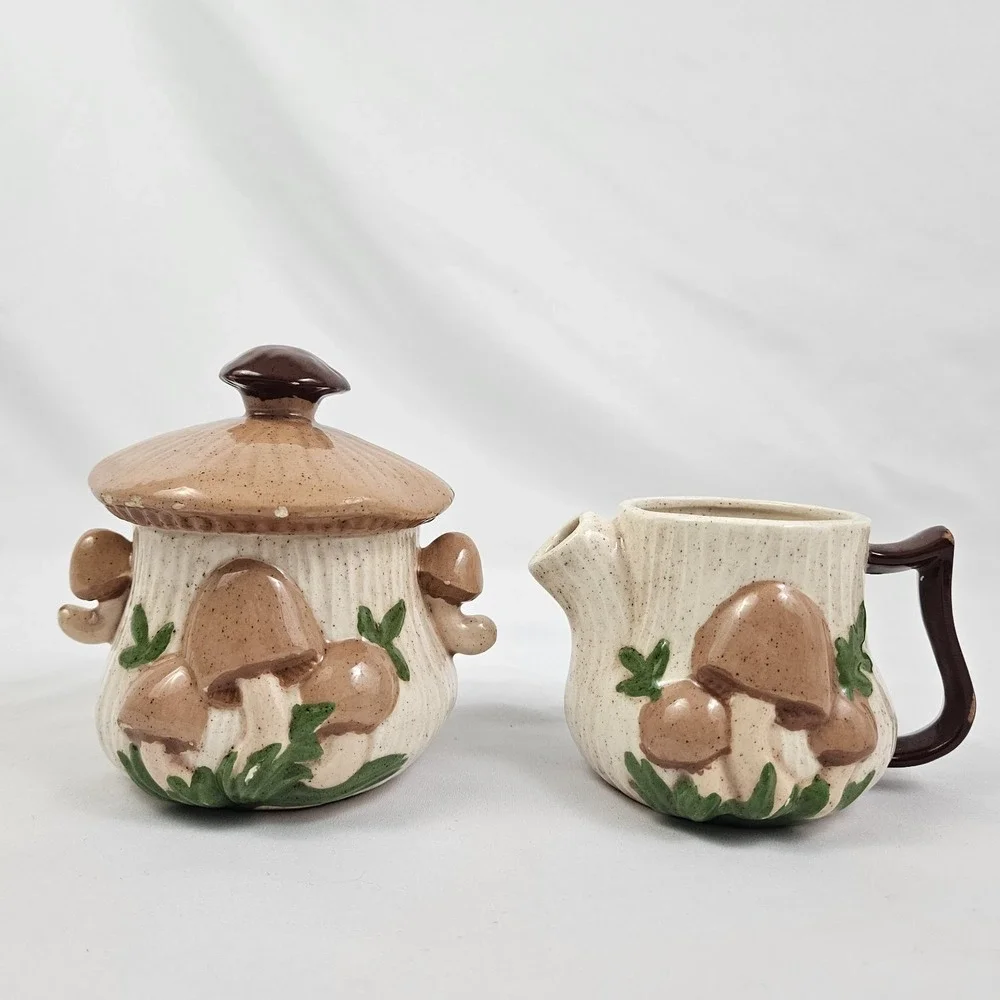 Arnel's Sugar & Creamer Set 3D Mushroom Ceramic 1970's Vintage MCM Kitschy Retro